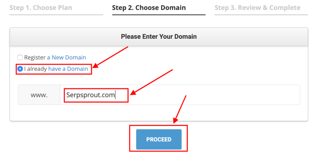 Select the Box I already have a Domain.