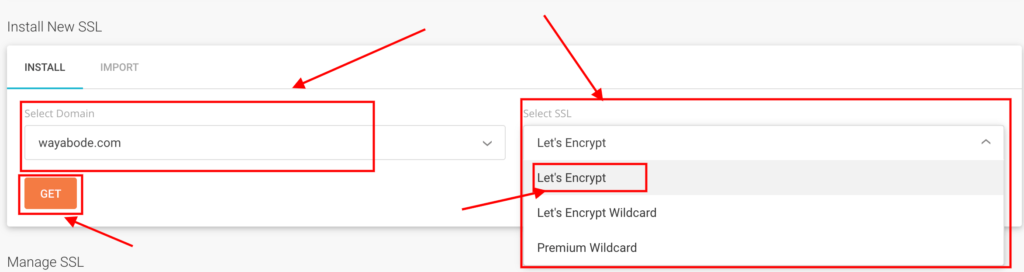 Select your domain, Select SSL (Let’s Encrypt) and Click on get.